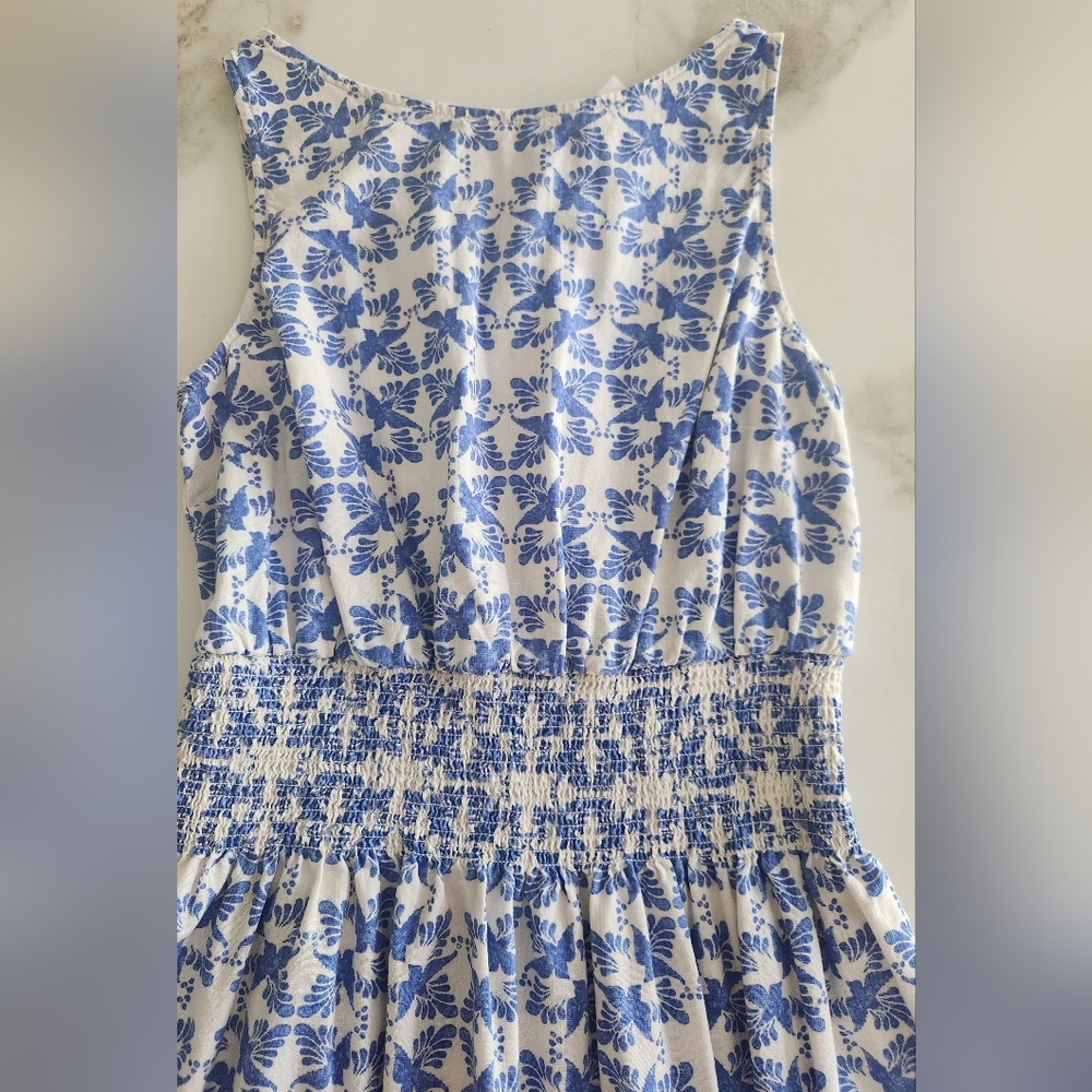 Floral Blue and White Sleeveless Dress In A Linen Look! - Picture 2 of 6
